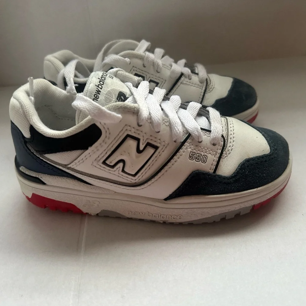 New Balance 550 Kids' Sneakers in White, Black, and Red size 12